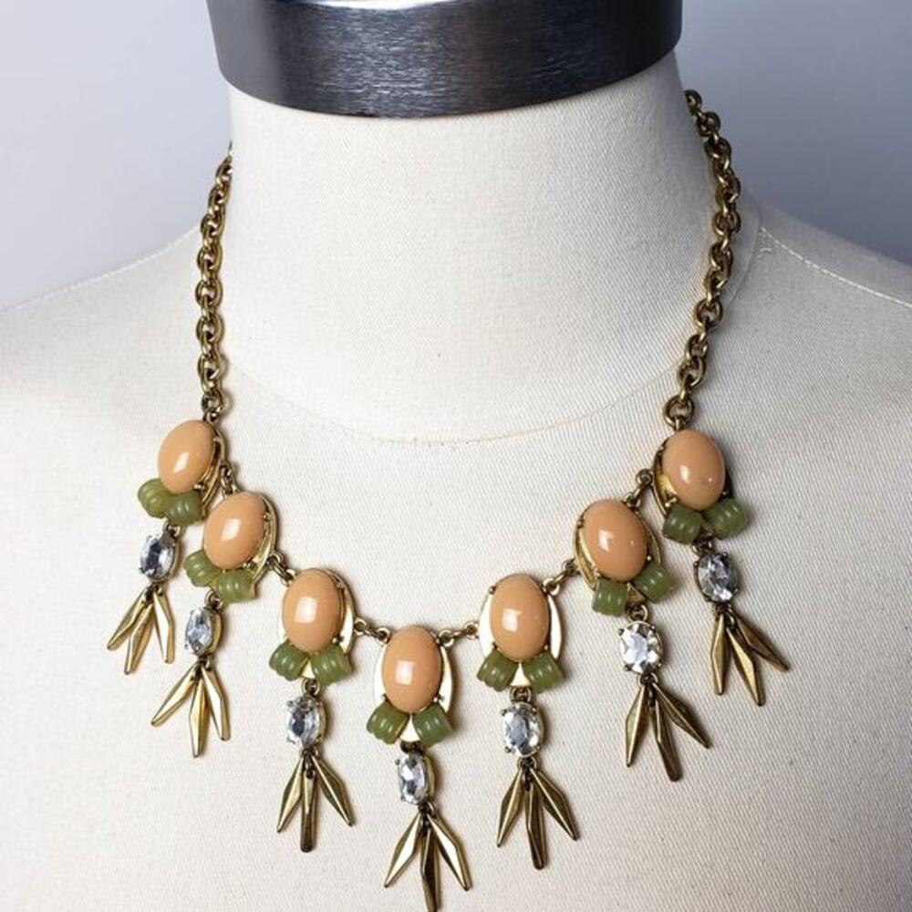 J. CREW Art Deco Muted Jade & Peach Crystal Drop‎ Necklace Bib Princess Style